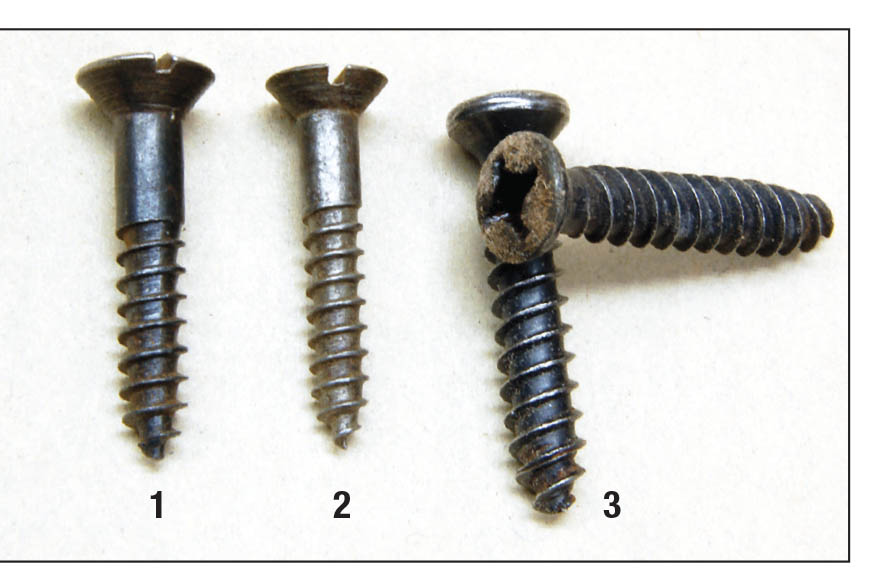 The proper wood screw head for guns is the (1) slotted oval, (2) Winchester used flat heads for many grip caps. Starting in the 1960s, the (3) oval head Phillips drive became common.